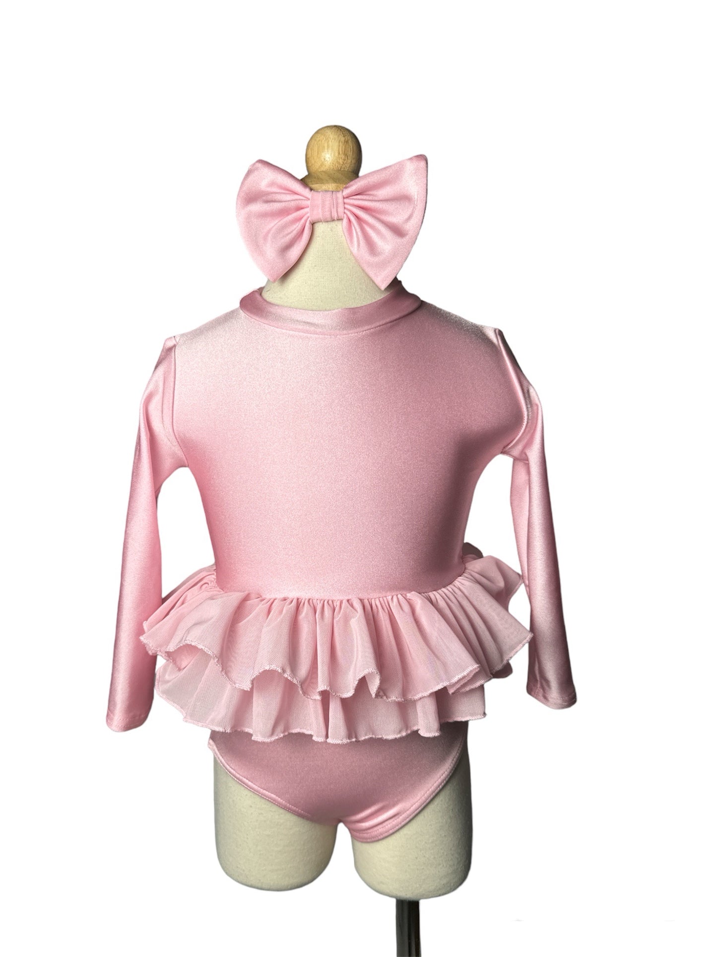 Cotton Candy Pink Two Piece Long Sleeve Ruffle High Waist Swimwear