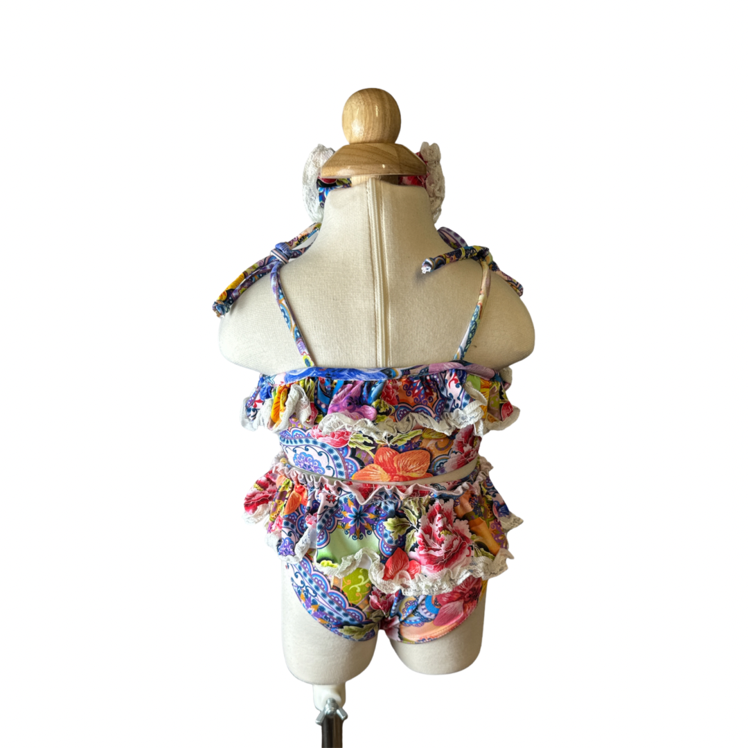 Abstract Lace Two Piece Ruffle Bandeau Swimwear