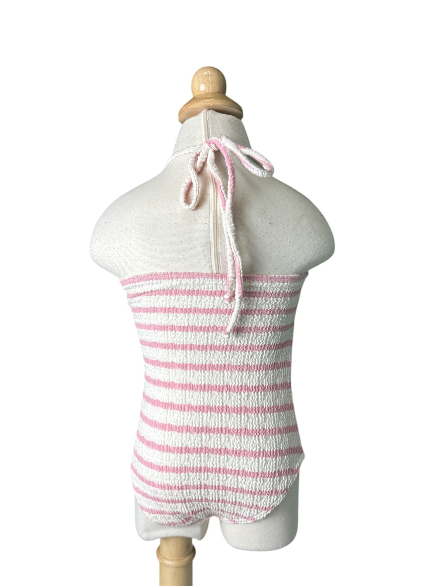 Pink/White Crinkle Strips One Piece Buckle Cut Out Swimwear