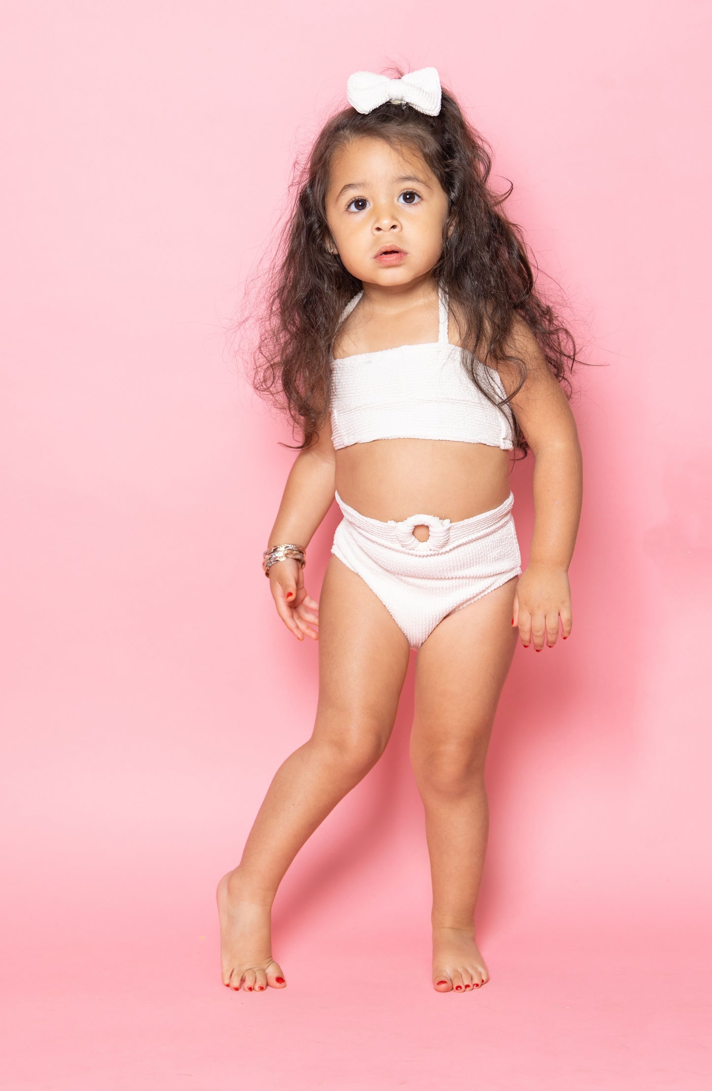 Ivory Crinkle Bandeau Ring High Waist Swimwear