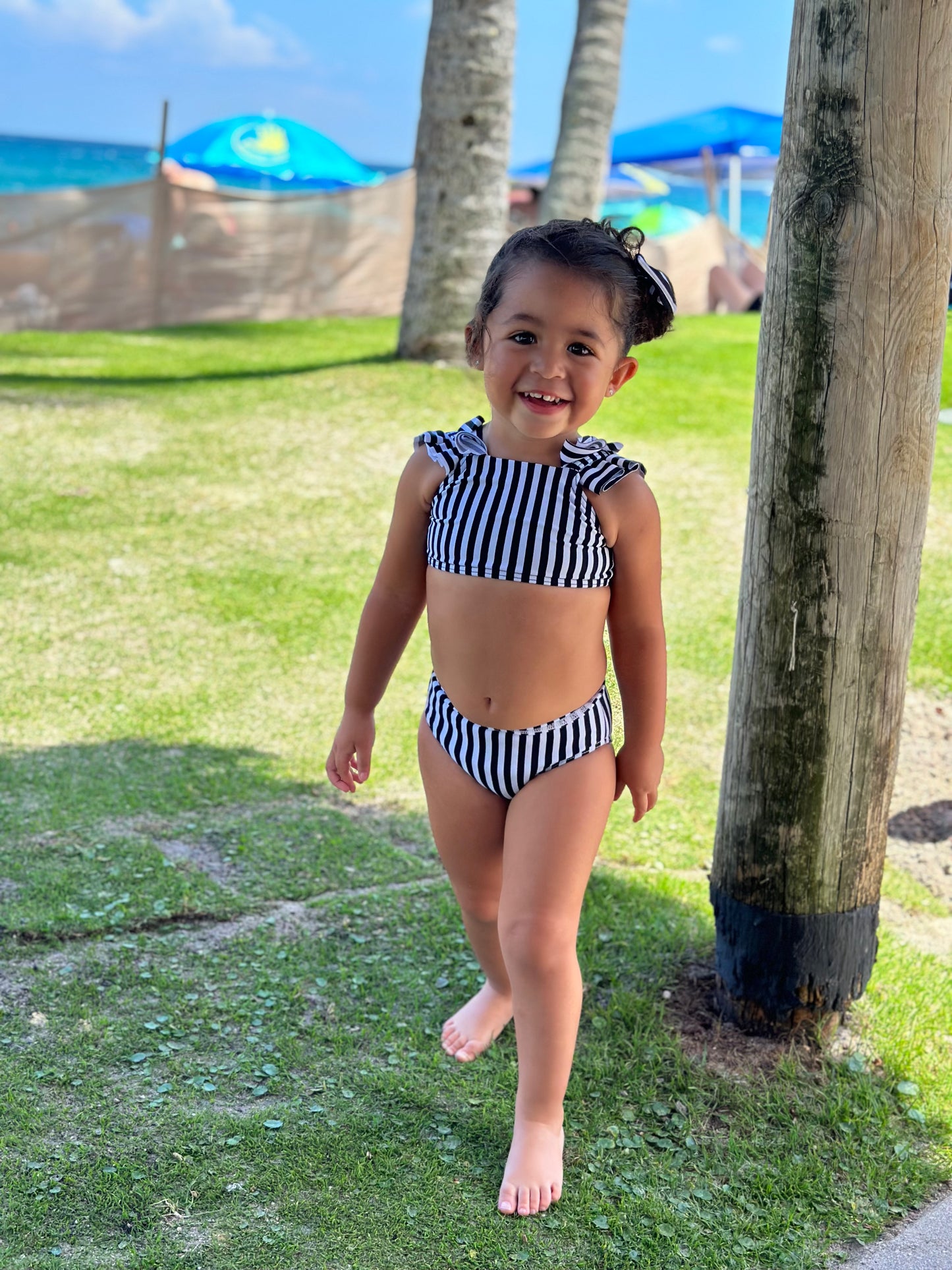 Black & White Striped Halter High Waist Swimwear