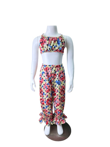 Polka Dot Floral Halter Bubble Top Resort Pants Set