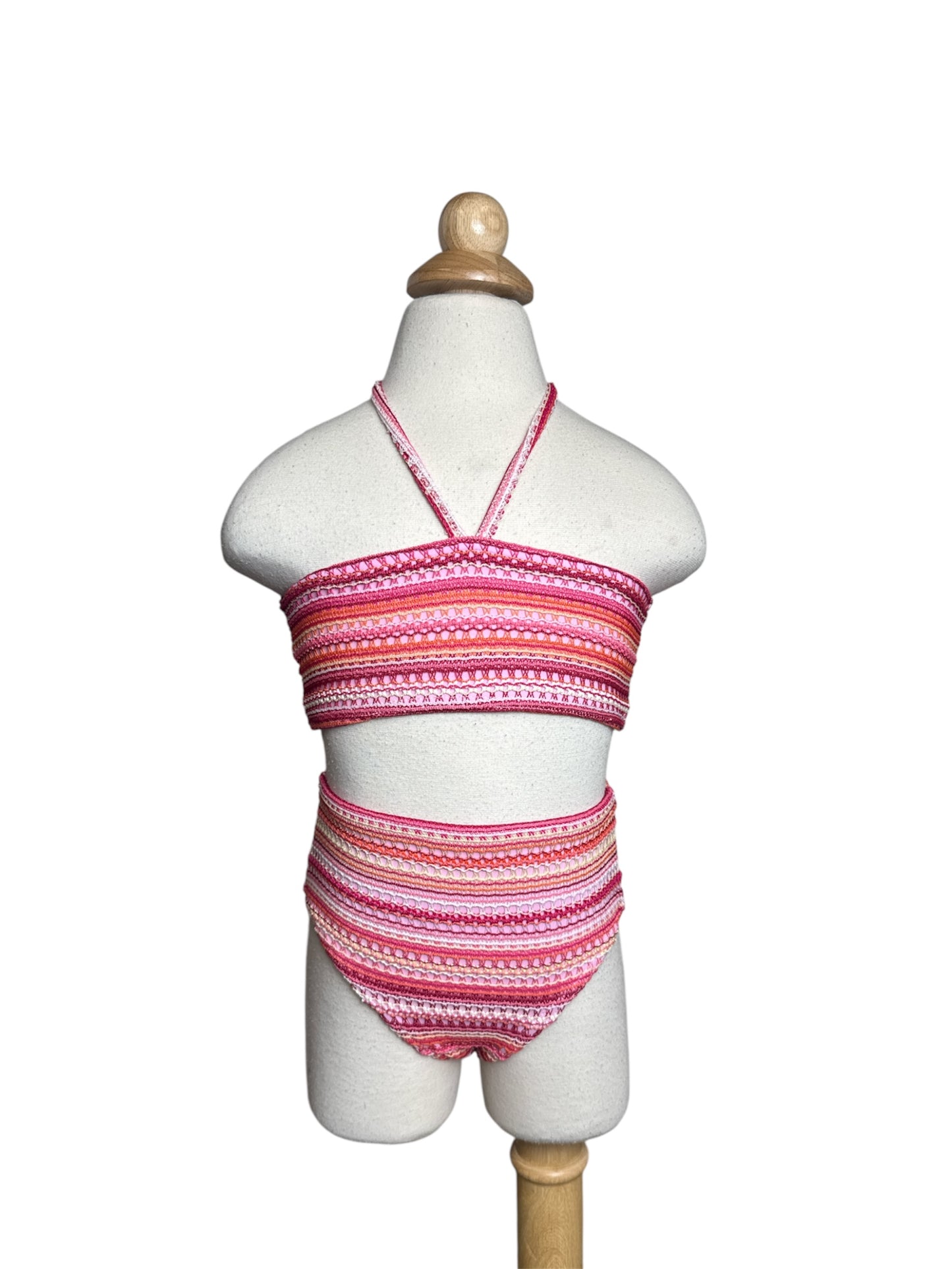 Pink Stripes Knit Bandeau High Waist Swimwear