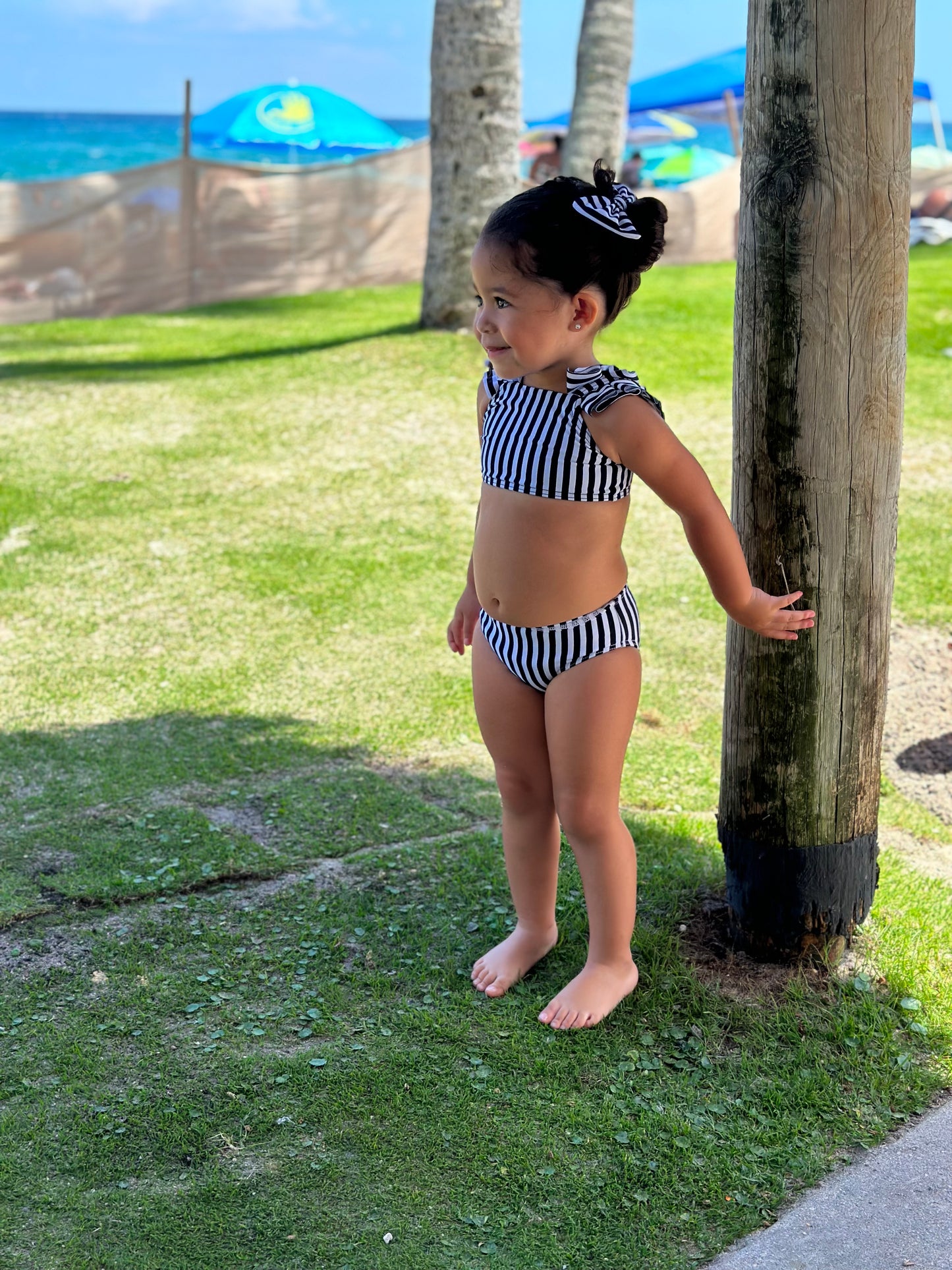 Black & White Striped Halter High Waist Swimwear