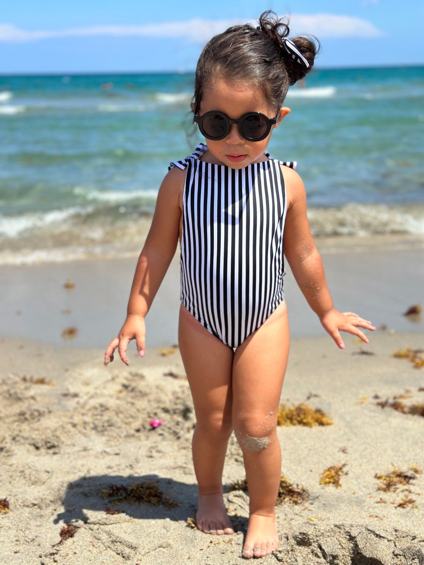 Black & White Striped One Piece Open Back Swimwear