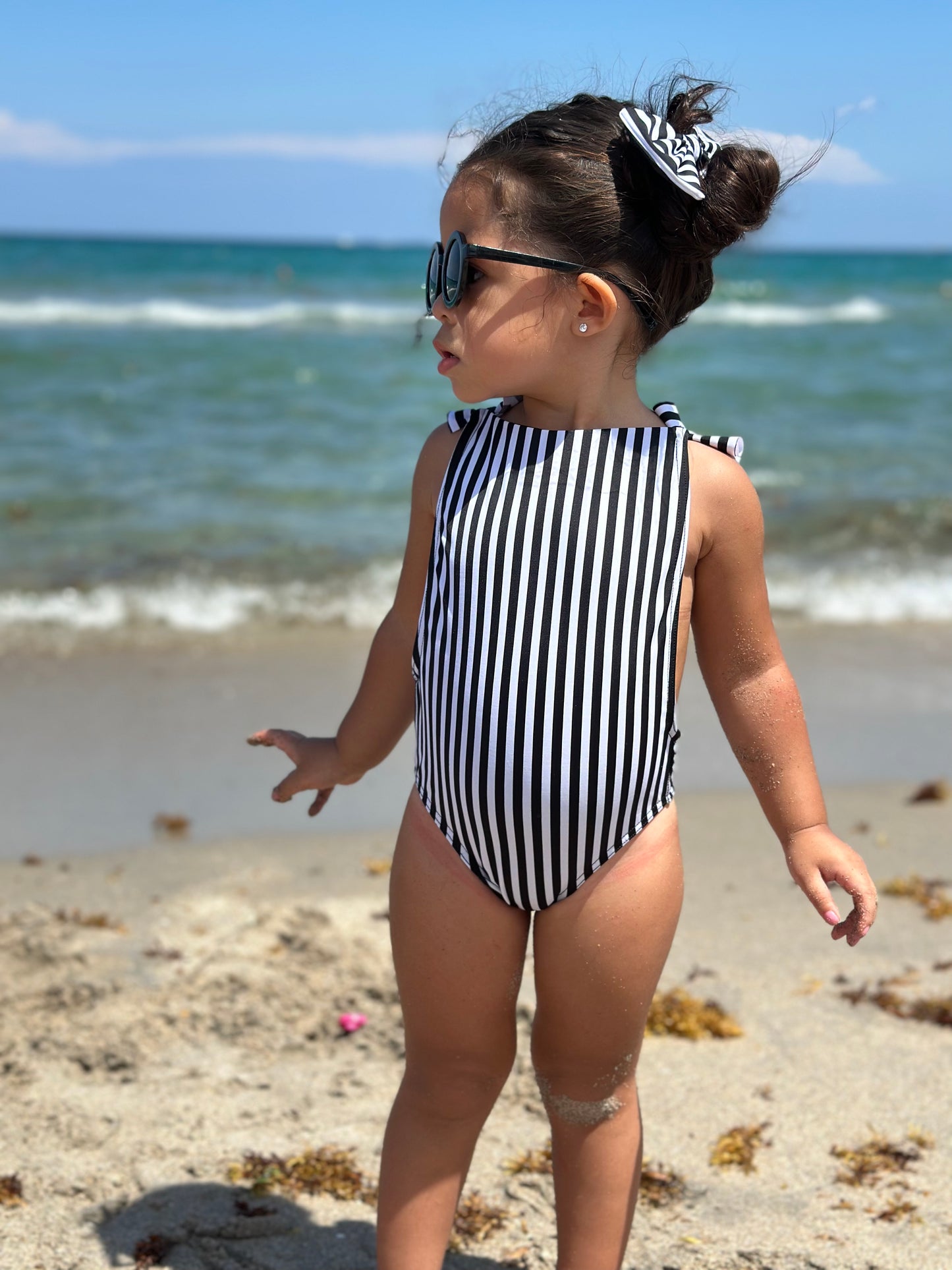 Black & White Striped One Piece Open Back Swimwear