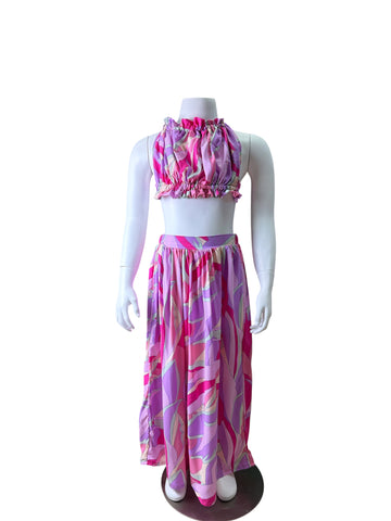 Tie Halter Bubble Top Resort Skirt Set